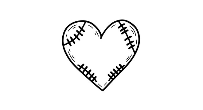 Stitched heart with football stitch pattern isolated on a transparent background, embroidery stitches