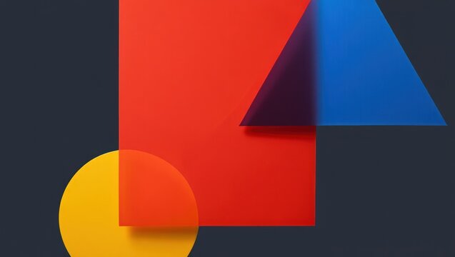 Abstract geometric composition overlapping red squares blue triangles yellow circles, for modern creativity, structural balance, professional approach to design logic