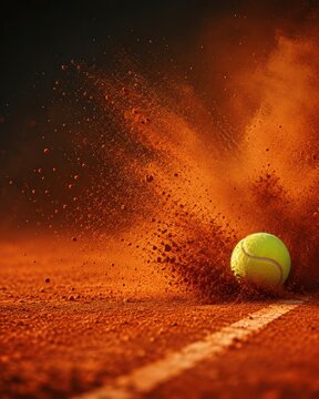 Tennis Ball On Orange Clay Court With Explosive Dust, Dynamic Sports Background And Copy Space