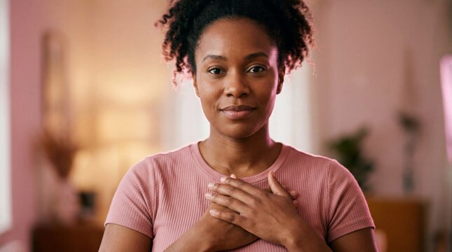 Woman stands with hands on chest showing emotion in a bright indoor space during daytime depicting breast cancer awareness 