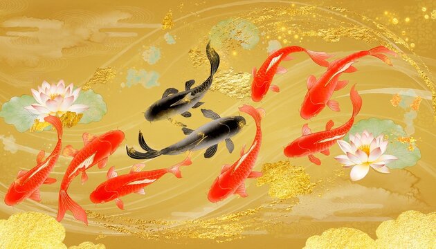 Colorful koi fish swim in a golden background with lotus flowers during a vibrant artistic representation