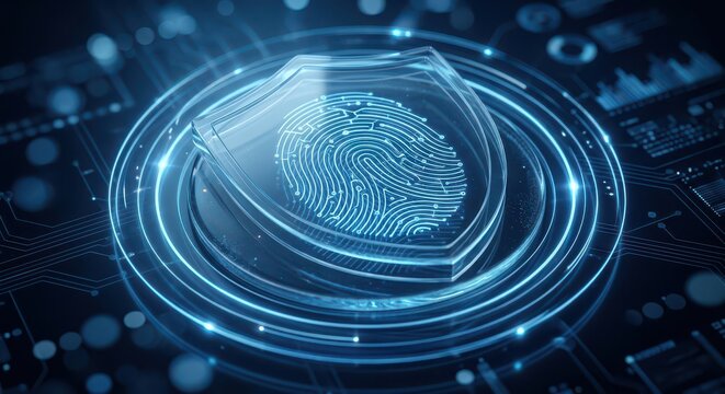 A digital shield with a fingerprint symbolizes cybersecurity, data protection, and advanced technology safeguarding sensitive information.