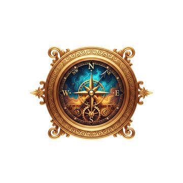 Vintage compass and globe with antique wooden and metal time dial design isolated object on transparent background 