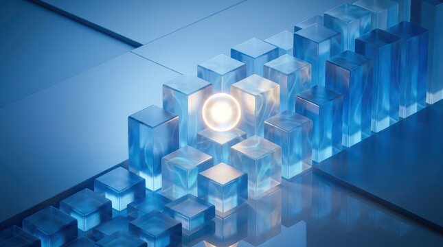 A glowing white sphere navigates through transparent blue cubic obstacles arranged in staggered rows on a reflective surface.
