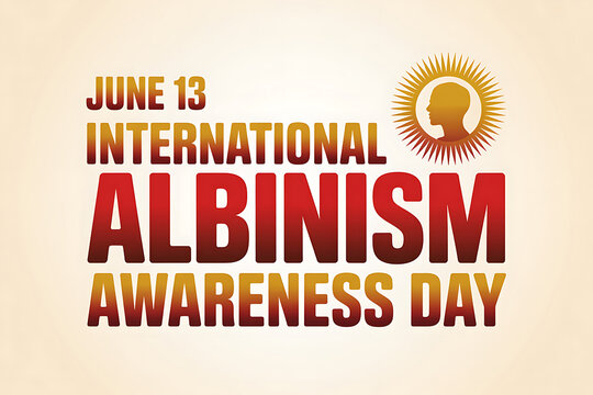 International albinism awareness day on june 13th with orange and red text and sun logo on beige background