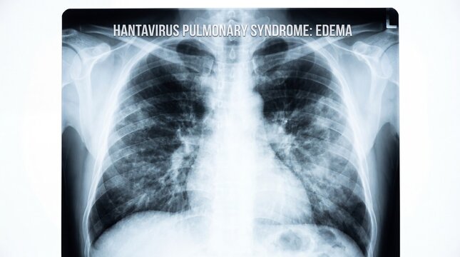 A detailed medical chest X-ray image showing severe pulmonary edema caused by Hantavirus infection.