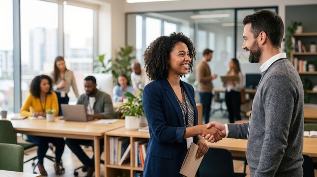 Smiling professional man and woman shake hands in a modern open space office with colleagues working in the background, successful corporate partnership, diverse business teamwork scene.