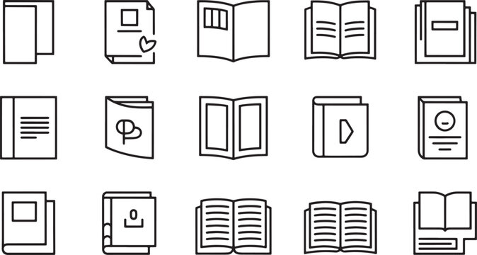 Educational book and library icons set showcasing various reading materials study guides literature and reference volumes. Vector Illustration