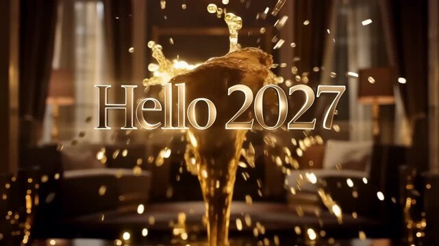 Hello 2027 festive celebration with golden liquid splash and sparkling particles in a luxury interior