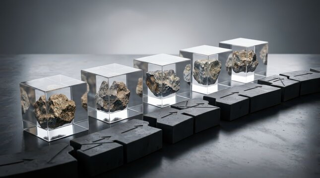 Five mineral ore samples encased in clear cubes are displayed on black blocks in a row, showcasing their texture and metallic luster in a clean, minimalist setting.