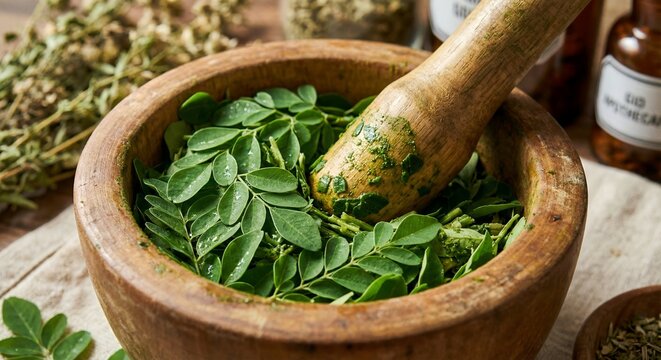 crushing fresh moringa oleifera leaves with wooden mortar and pestle for herbal medicine