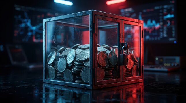 A transparent locked box filled with coins, set against a digital financial backdrop with charts and data, symbolizing security and investment.