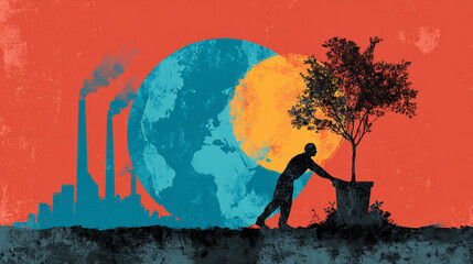 Naklejka premium A vibrant illustration depicting environmental conservation, showcasing a person planting a tree against a backdrop of industrial pollution. A symbolic representation of hope.