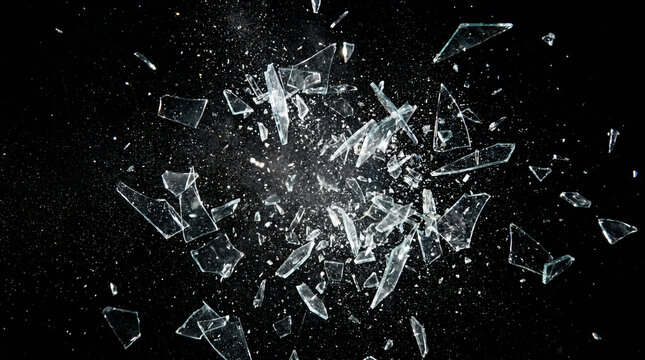 Explosion of shattered glass shards and tiny fragments flying through the air against a solid black background, captured in a high-speed motion freeze.
