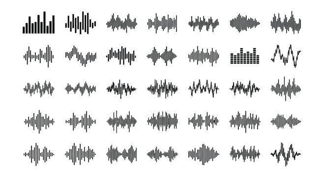 Various black sound wave audio signals and music frequency spectrum rhythm patterns isolated on white background for broadcasting media and digital analytics.
