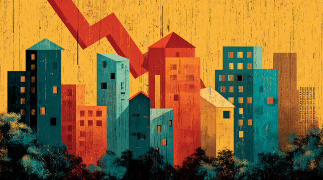 Abstract illustration of urban buildings with a downward trend, symbolizing economic decline and urban challenges