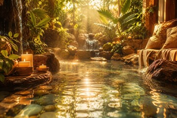 Fototapeta premium Sunlight glows warmly over a tranquil, steamy pool