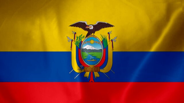 Ecuadorian flag waving with coat of arms detailed national symbol patriotic fabric texture background