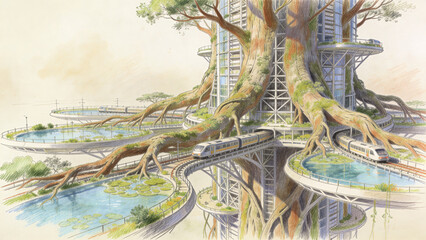 Fototapeta premium Tree-inspired skyscraper sketch with root transport systems and water filtration, showcasing visionary sustainable architecture.