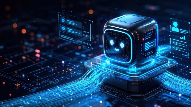 AI chatbot robot on digital platform for virtual assistant service, automated support, machine learning and customer communication