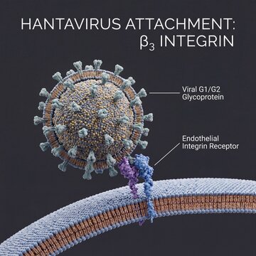 A Scientific Diagram Illustrating Hantavirus Attachment to a Human Beta-3 Integrin Receptor Surface.