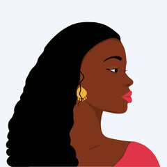 Stylized side profile portrait of an African woman with long curly black hair, gold earring, and pink clothing in modern flat vector illustration style on a neutral background © SV