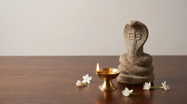 Minimalist Nag Panchami festival concept with ancient stone snake deity sculpture, burning brass diya and jasmine flowers on wooden table, copy space for design, commercial stock photo