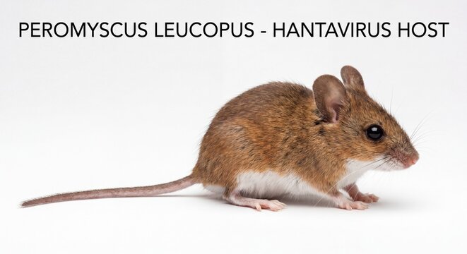 A white-footed mouse, Peromyscus leucopus, stands isolated against a clean, bright white background.