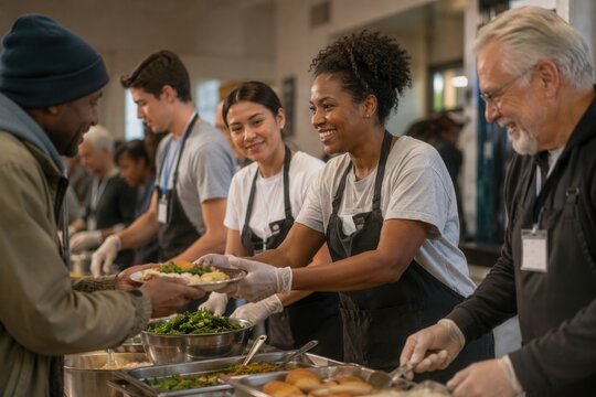 Warm smiles greet hungry people at a bustling food drive