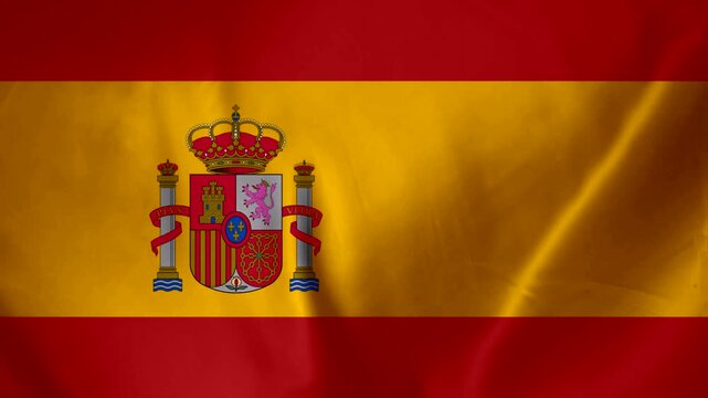 Waving Spanish Flag with Coat of Arms Detailed Emblem and Textured Fabric Background National Symbol of Spain