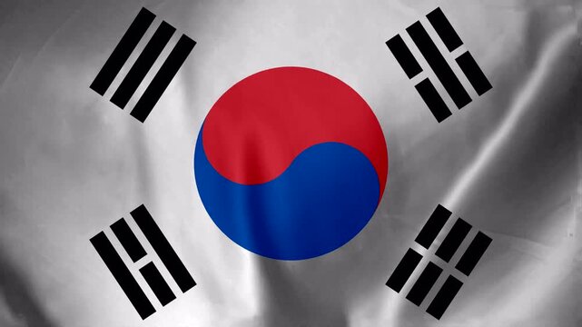 Close up of the South Korean flag waving with a realistic fabric texture and dramatic lighting