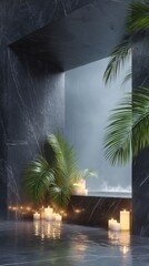 Fototapeta premium Black marble spa shower interior with palm leaves and candlelight for relaxation background and luxury wellness poster design