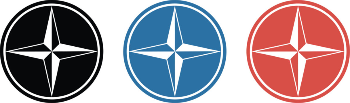 Compass, star navigation badge set, multicolor icons for direction guidance, travel navigation, map symbols and UI location design elements.
