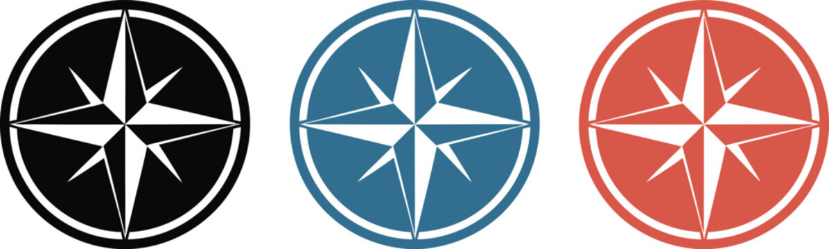 Compass star, navigation badge set, colorful vector icons representing direction, travel guide, map symbol and location interface design.