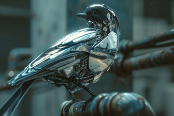 Obraz premium Metallic bird perches on rusted pipe
