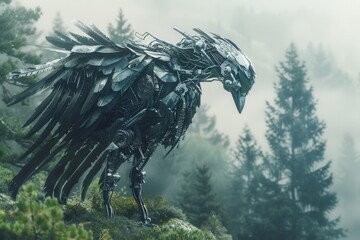 Obraz premium Mysterious mechanical bird stands atop mossy rock