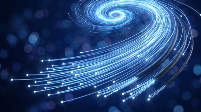 A swirling vortex of glowing blue fiber optic cables representing data flow and technology.