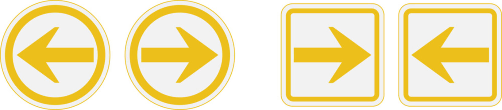 Yellow left and right arrow icon set in circle and square outline style. Bold directional navigation button collection for web, app, and UI design. Minimal flat pointer symbol ideal for interface