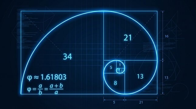 Digital representation of the Golden Ratio and Fibonacci sequence with a glowing spiral and mathematical formulas on a dark blue grid background.