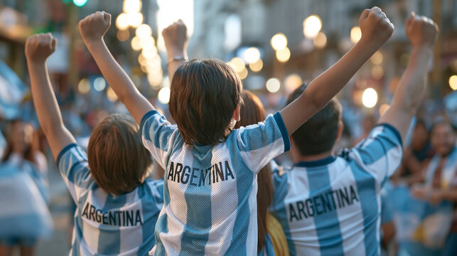 Argentine Family Celebrating Victory on City Street in ARGENTINA Striped Jerseys, Rear View