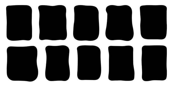 Set of 10 irregular wavy rectangle silhouettes, organic hand drawn rounded frames and abstract blank sticker templates, organic blank labels and design elements isolated on white background.