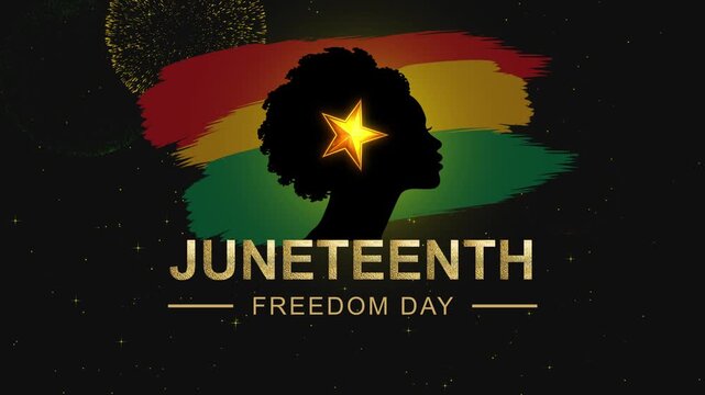 Juneteenth Freedom Day celebration video featuring a silhouetted profile portrait, glowing star accent, red, yellow and green brush stroke colours, and gold textured text. Emancipation Day.