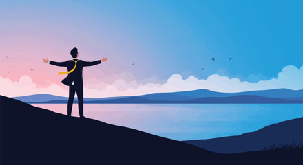 Fototapeta premium Confident businessman standing on mountain hill top with open arms overlooking ocean lake during sunset sunrise concept of freedom achievement and peace.