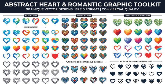 90 unique abstract heart and romantic graphic toolkit with wave mosaic and leaf designs.