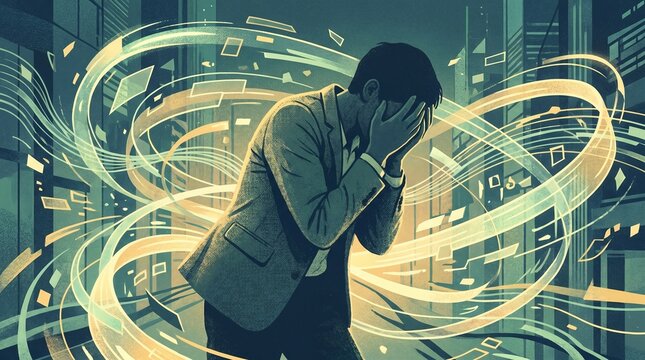 Man overwhelmed by abstract digital energy streams in urban setting