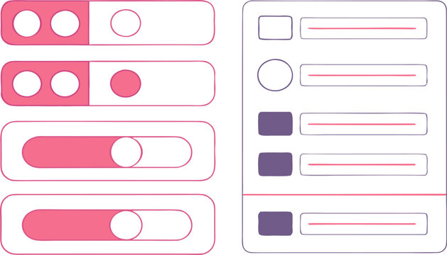 Minimalist U I components toggle switch and button states in pink and purple on off button