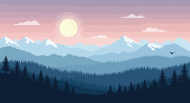 Mountain landscape at sunset or sunrise with the full moon and a bird flying over pine trees, natural scenery with forest and peaks.