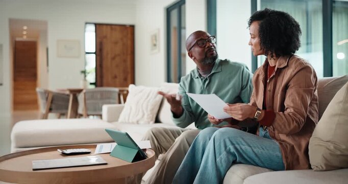 Angry, couple and argue with document in home for finance error, payment fail and debt pressure. Upset, African mature people or tablet with mortgage notice, financial bankruptcy and eviction warning