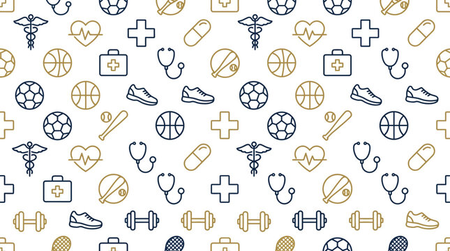 Seamless Pattern of Medical and Sports Equipment Line Icons