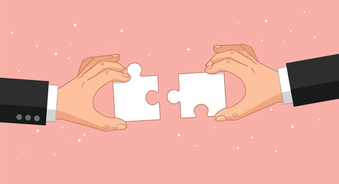 Two hands in business suits connecting white puzzle pieces over pink background representing collaboration and partnership for common organizational objectives.
